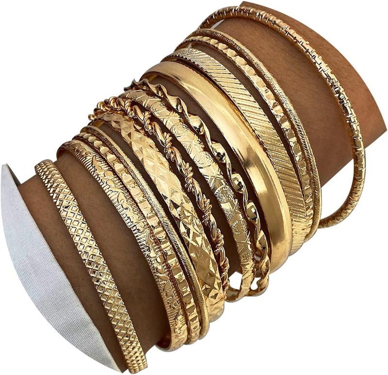17IF Gold Bangle Bracelet For Women, 14k Multilayer Charm Textured Stackable Bracelets Boho Indian Chunky Cuff Fashion Jewelry Gift - Image 1